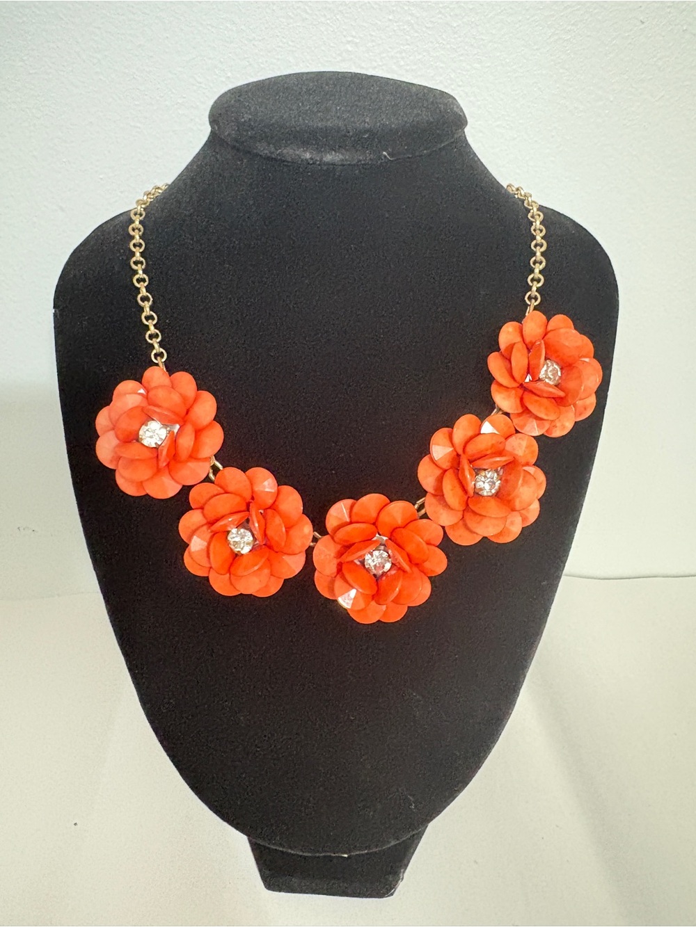 Coral Orange Floral Statement Necklace | Gold Tone | 17.5"